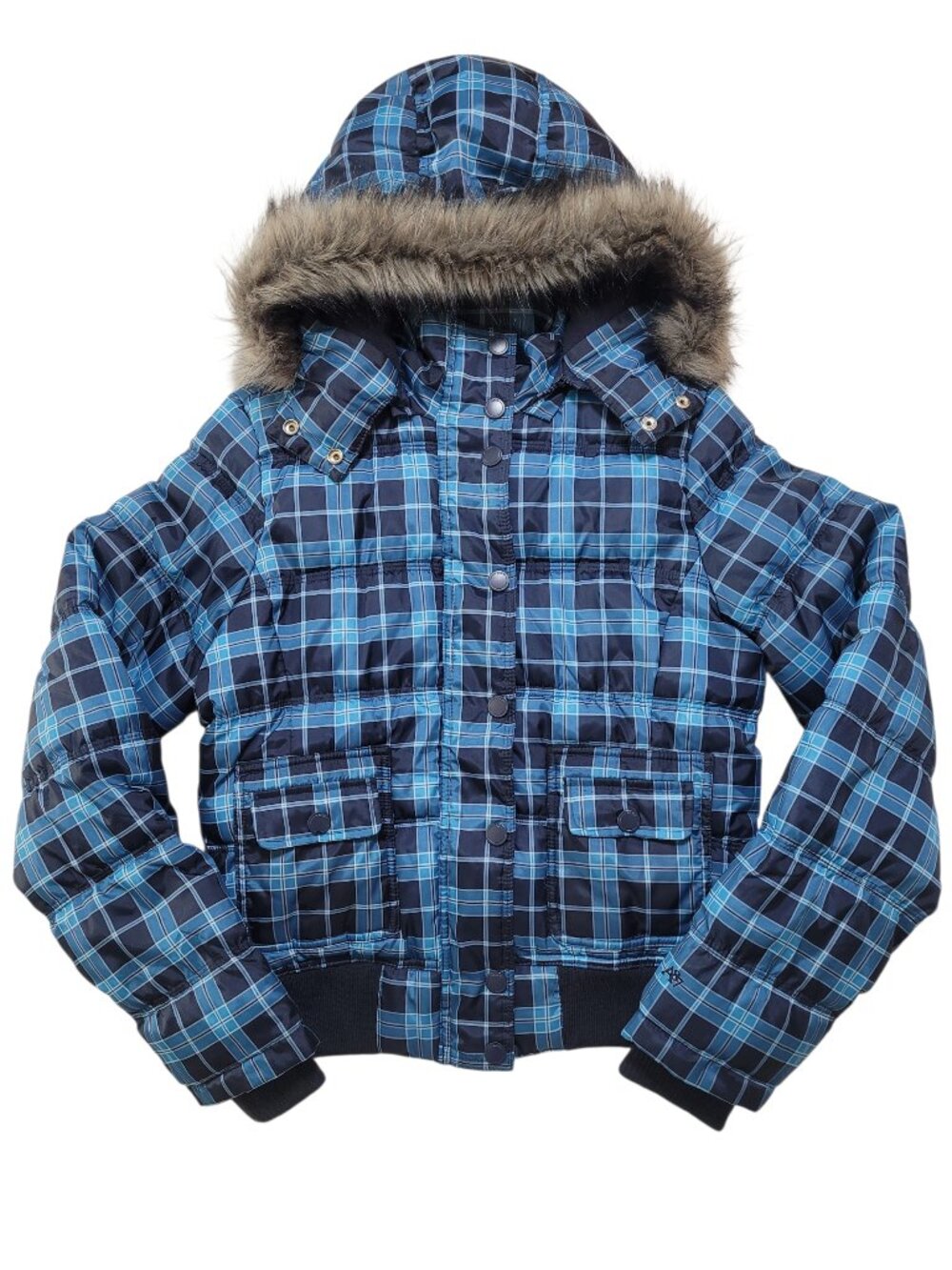 Aéropostale Plaid Winter Bomber Coat Fur Trim Hood Blue Juniors Large Y2K 2000s